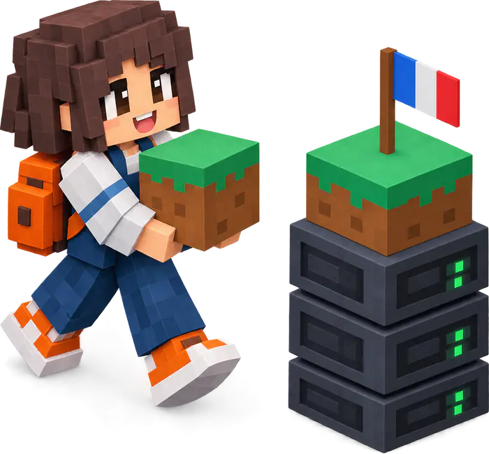 Un joueur pose un bloc d'herbe sur une pile de serveurs