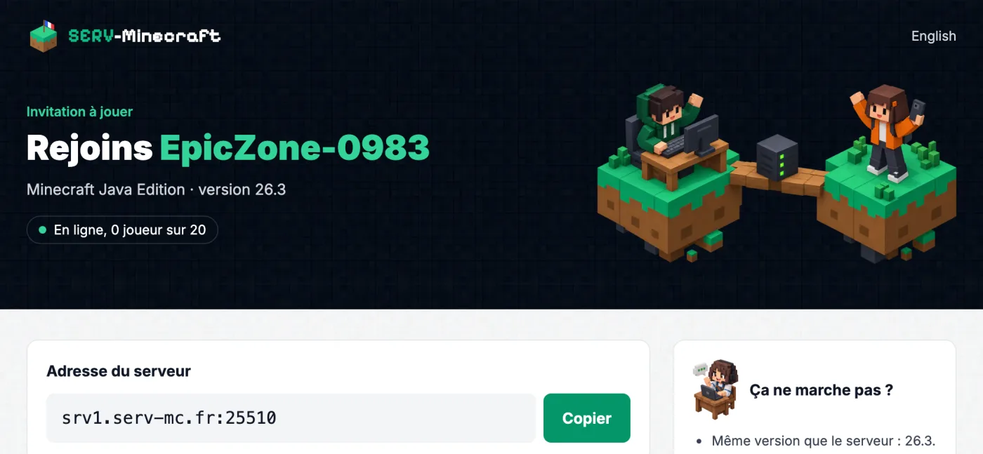 Page d'invitation d'un serveur Minecraft Java : nom, version, joueurs en ligne et adresse à copier