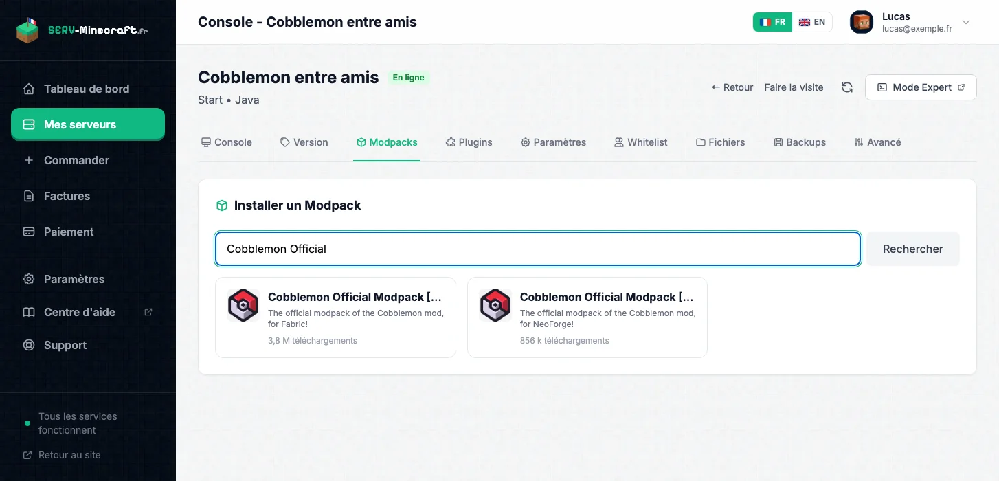 Onglet Modpacks du panel : recherche « Cobblemon » et modpacks proposés