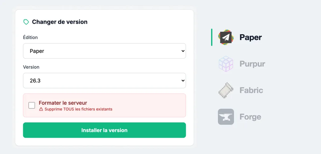 Changement de version dans l'onglet Version du panel : Paper, Purpur, Fabric ou Forge