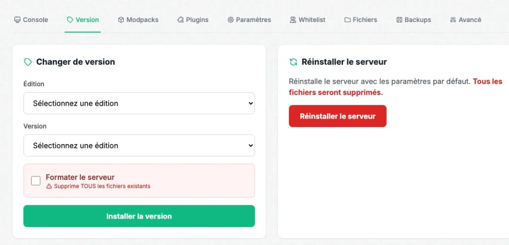 Installation de Forge depuis l'onglet Version du panel