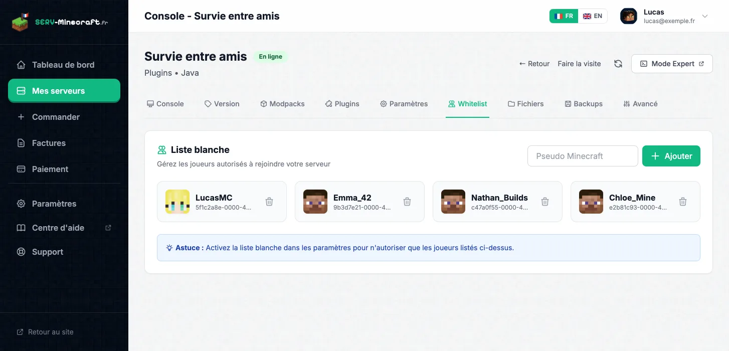 Onglet Whitelist du panel : quatre amis ajoutés par leur pseudo Minecraft