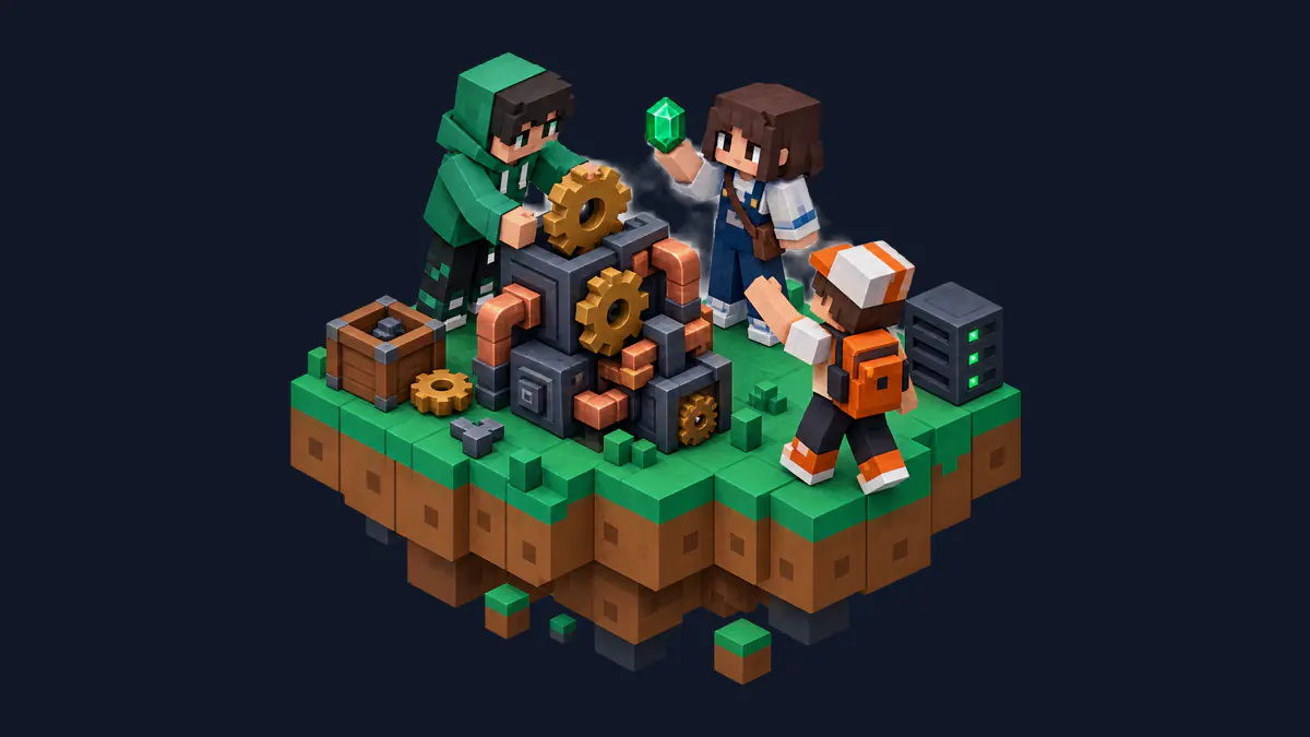 Trois amis construisent ensemble sur une île Minecraft, à côté de leur serveur