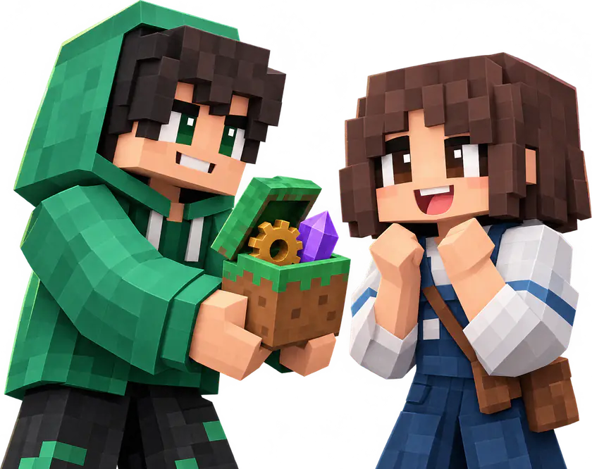 Deux joueurs Minecraft : l'un tend à l'autre un bloc d'herbe ouvert rempli de mods