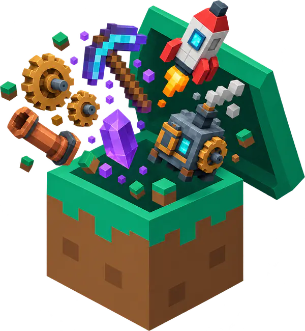 Bloc d'herbe ouvert d'où sortent des objets de mods Minecraft