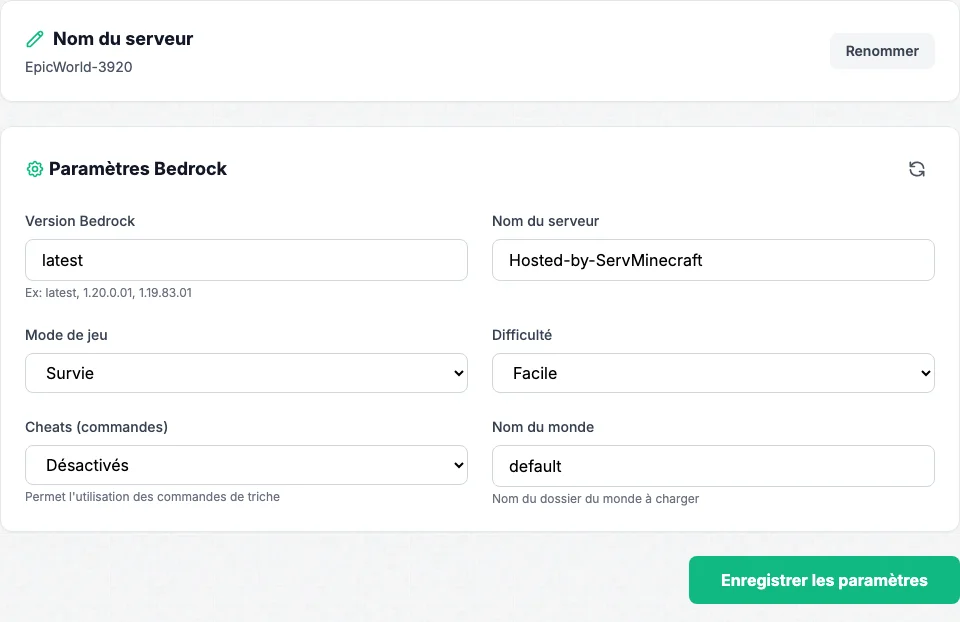 Onglet Paramètres d'un serveur Bedrock dans le panel : version, mode de jeu, difficulté, commandes et monde