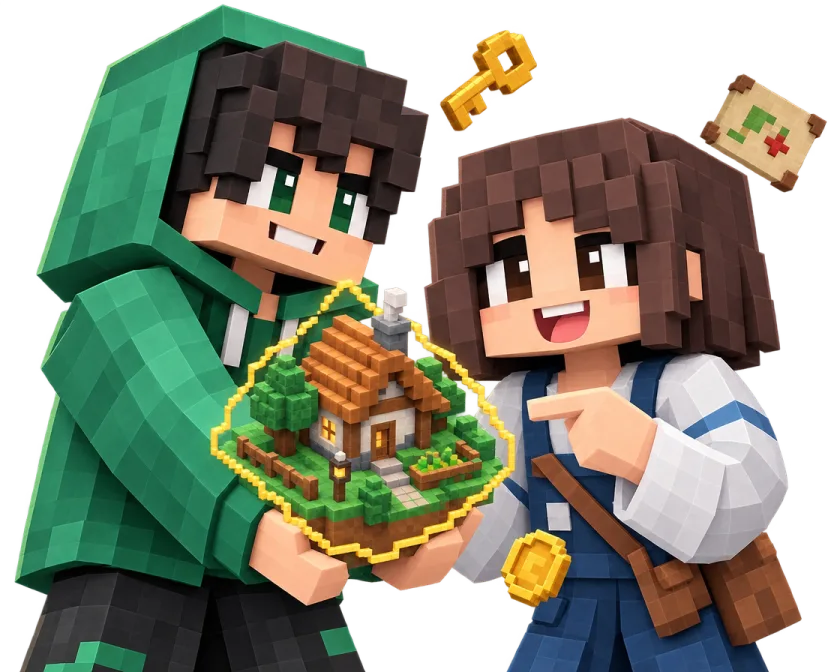 Deux joueurs Minecraft : l'un tient une petite maison protégée, l'autre la montre du doigt