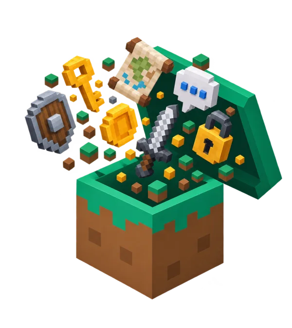 Bloc d'herbe ouvert d'où sortent des objets de plugins Minecraft
