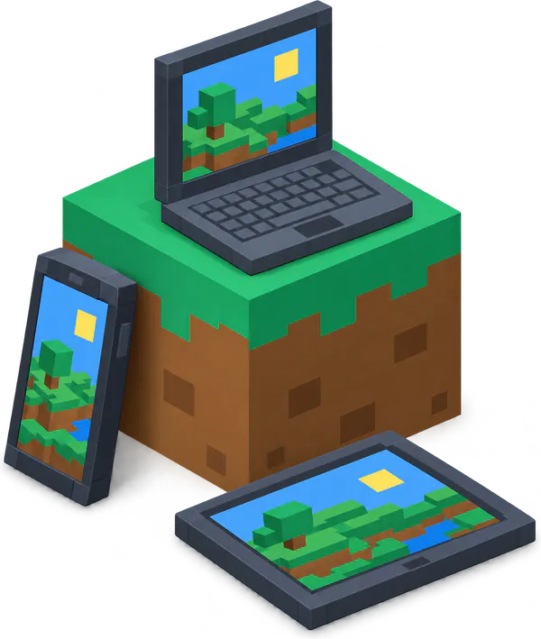 Un téléphone, une tablette et un ordinateur portable autour d'un bloc d'herbe Minecraft, le même monde sur chaque écran