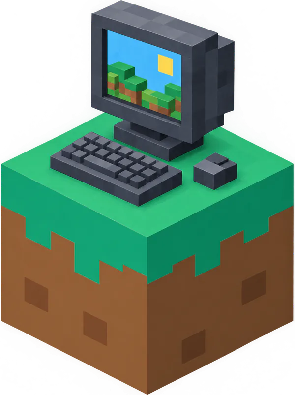 Un ordinateur posé sur un bloc d'herbe Minecraft, le monde du jeu à l'écran